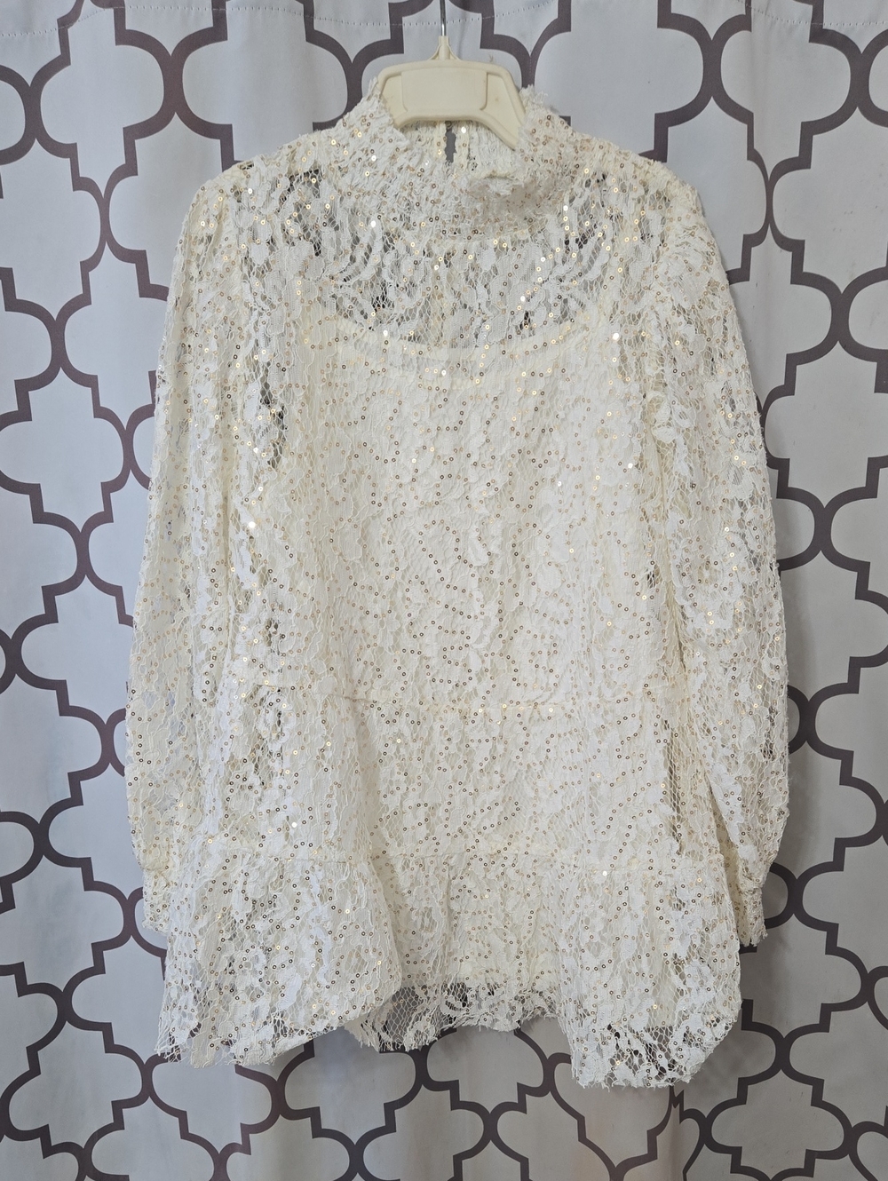 Cato Cream Sequin Lace High-Neck Blouse